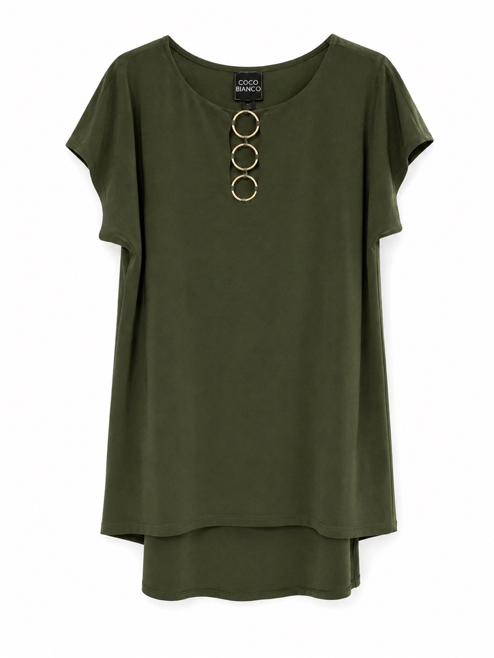 Coco Bianco Olive Green Short Sleeve Top with Gold Ring Detail